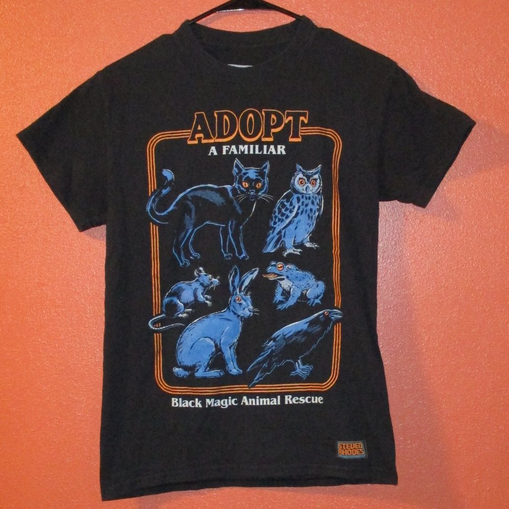 Steven Rhodes Shirt Small Black Blue Orange Cat Rabbit Owl Witchy Shirt